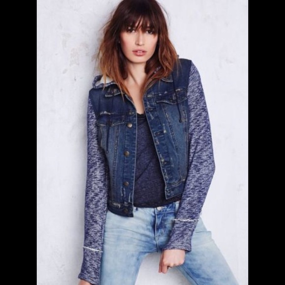 Free People Jean Jacket Distressed Blue Denim & Knit Jean Jacket w Hood Small - Picture 2 of 8